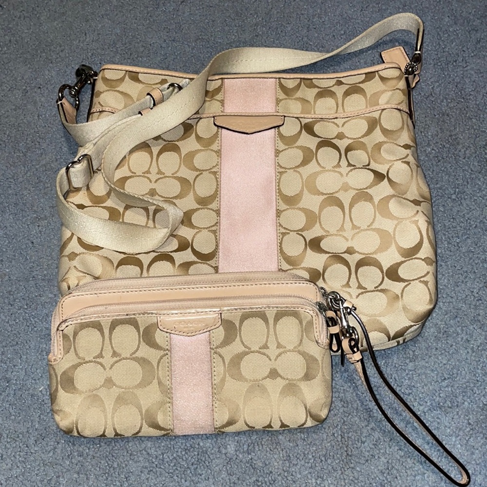 Pink and Light Tan Coach over the shoulder bag with matching wallet